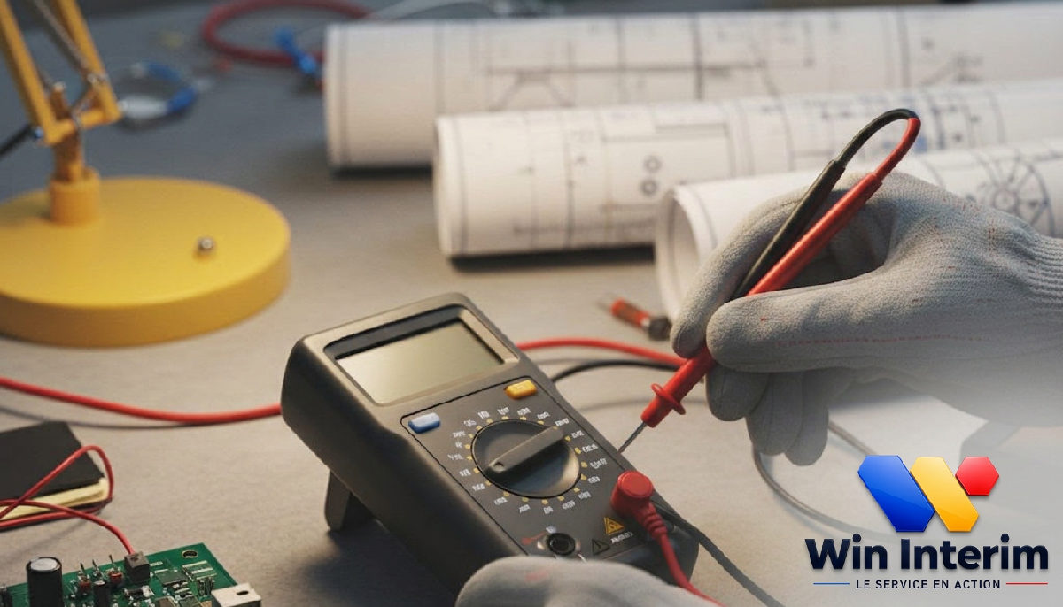Technicien utilisant un multimètre dans un environnement professionnel.