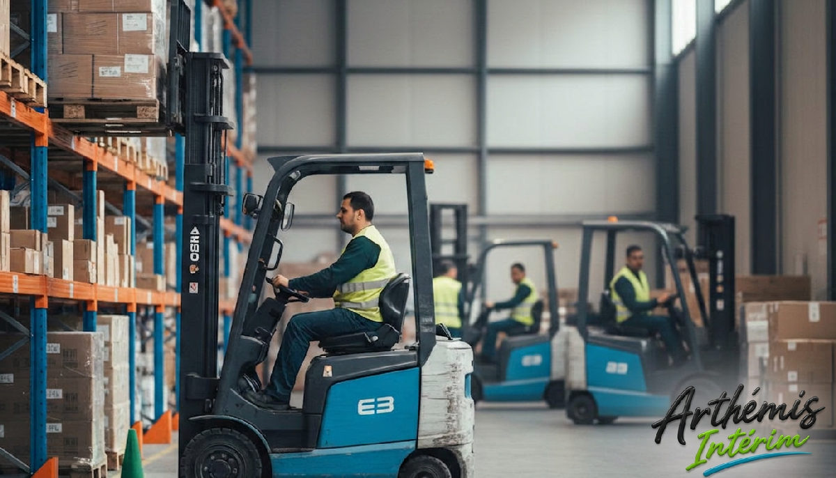 Équipe logistique roumaine manœuvrant des chariots élévateurs dans un entrepôt.