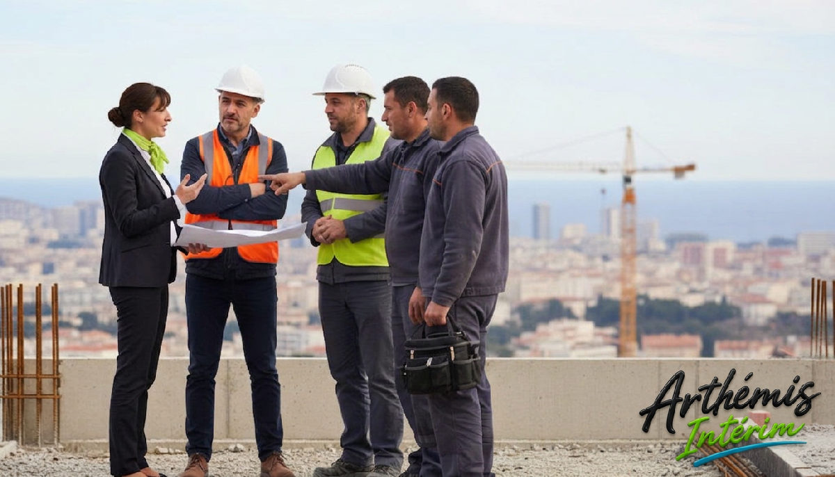 Consultant Artheimis avec un chef de chantier et des travailleurs roumains.