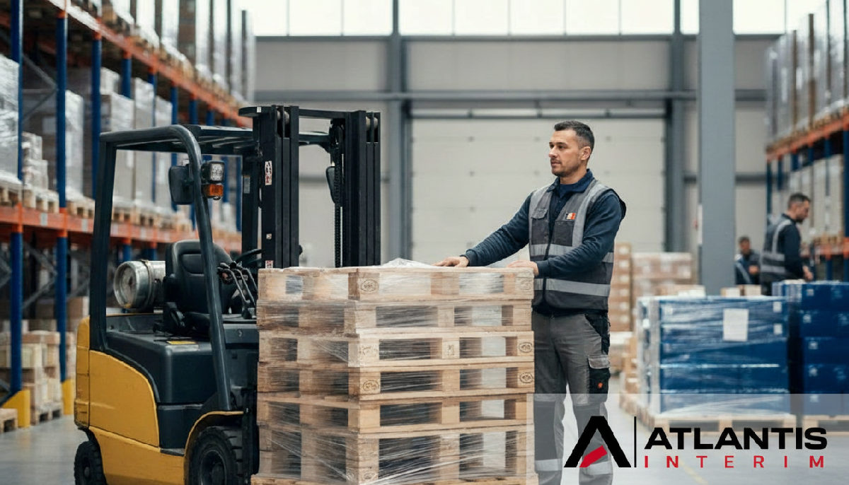 Cariste expérimenté dans un entrepôt logistique, main-d'œuvre roumaine.
