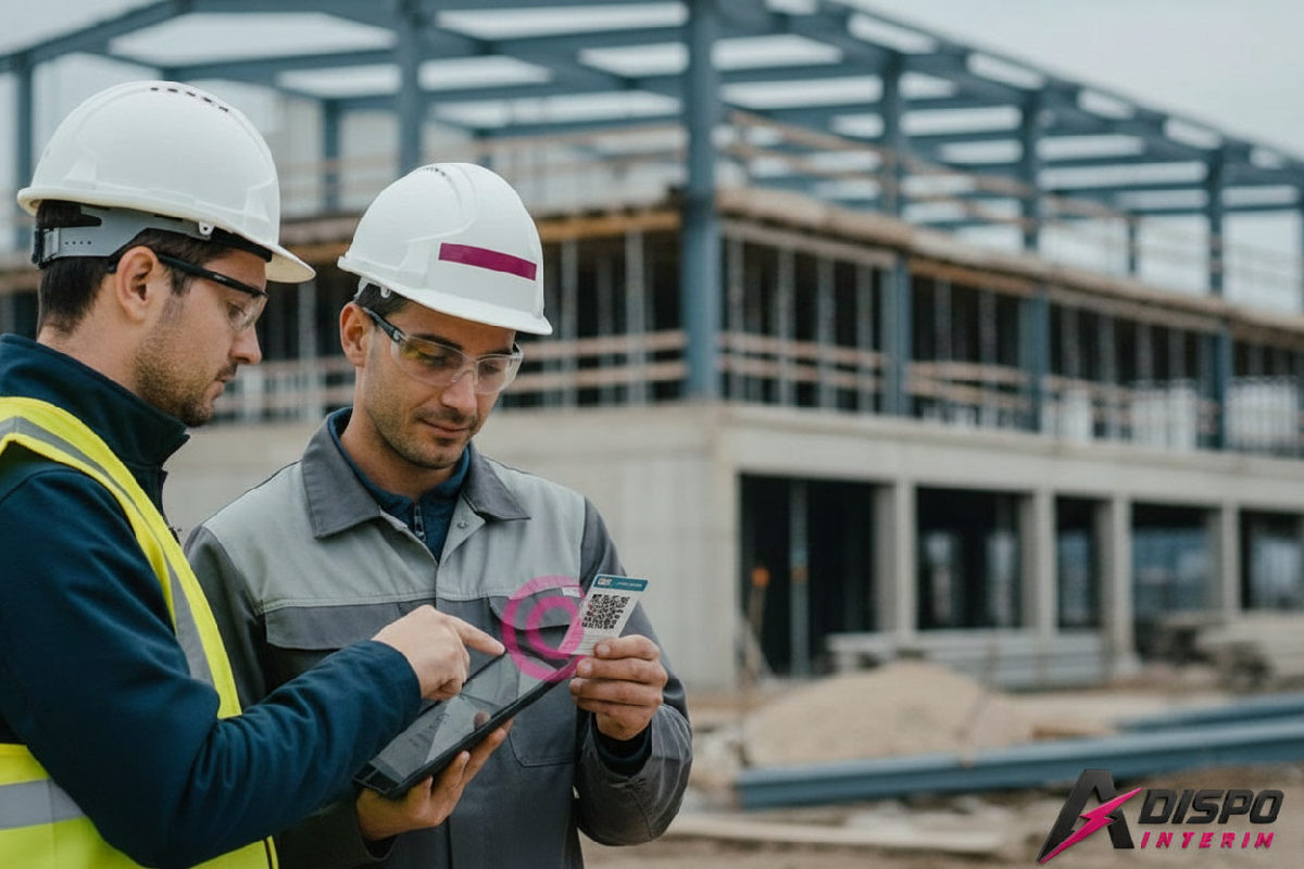 Inspecteur vérifiant les cartes BTP de travailleurs roumains sur un chantier.