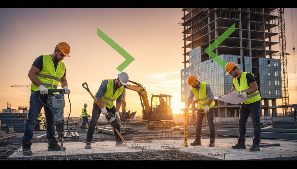 secteurs travailleurs roumains - Travailleurs roumains qualifiés sur un chantier de construction moderne.