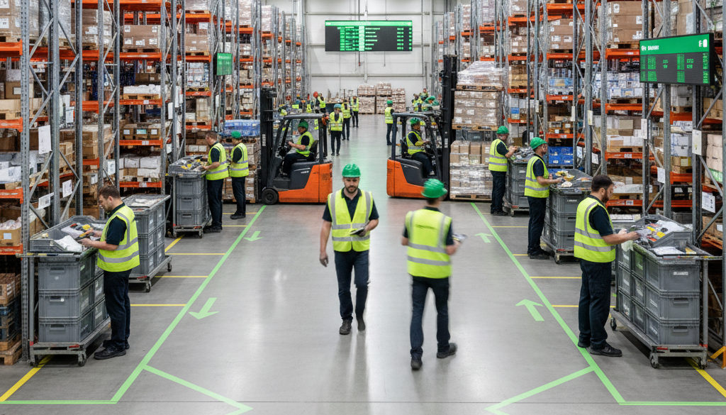 Personnel roumain qualifié travaillant dans un entrepôt logistique.