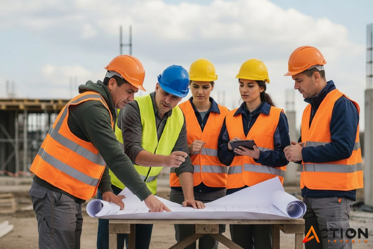 comment accueillir des ouvriers roumains sur chantier - Équipe diverse de travailleurs sur un chantier, consultant des plans ensemble.
