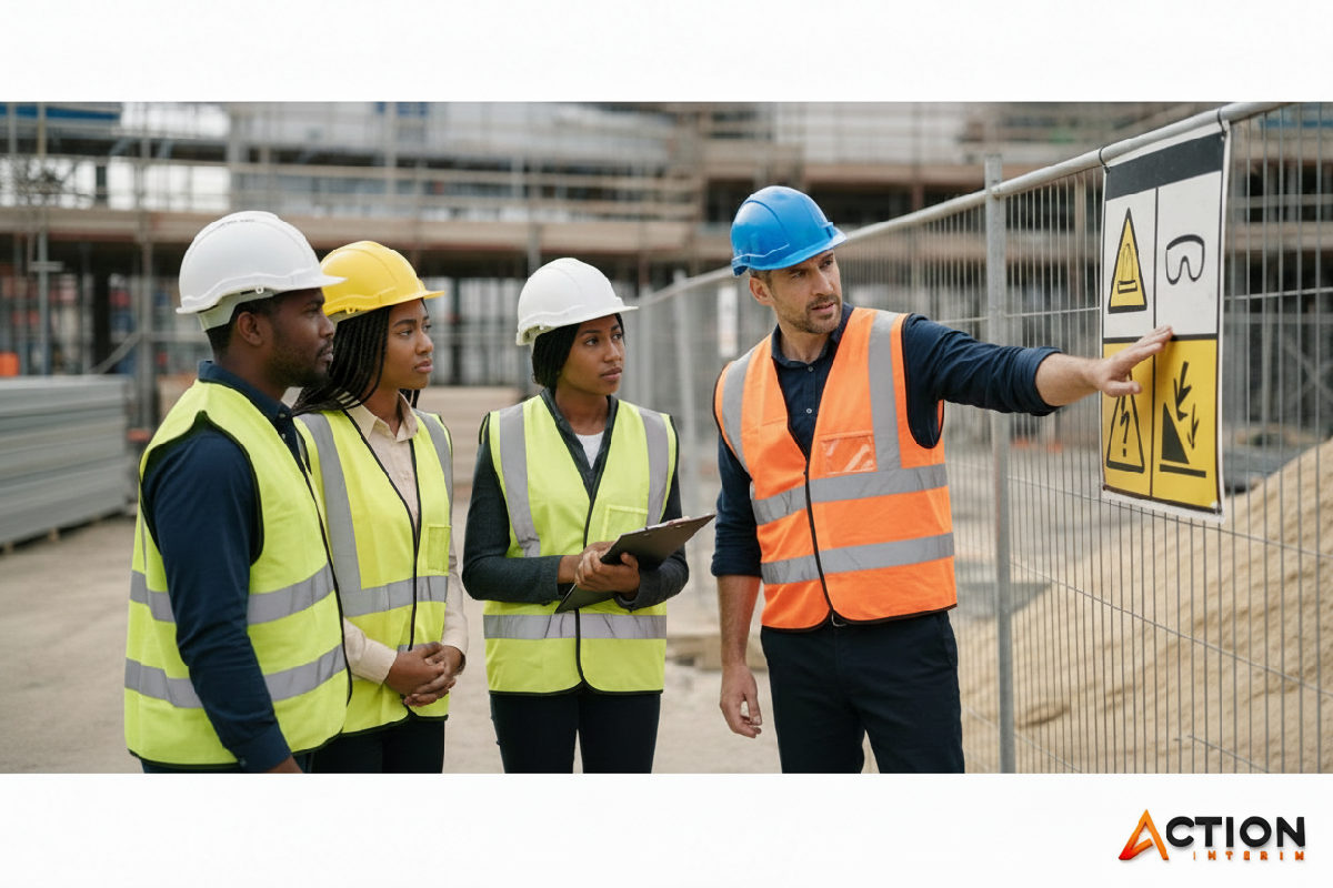 Briefing de sécurité sur un chantier, le responsable montre un panneau.