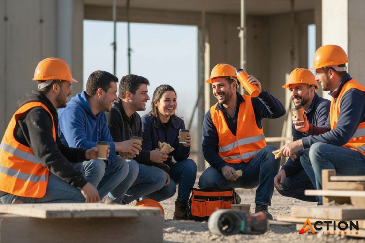 Travailleurs de différentes nationalités partageant un repas sur un chantier.