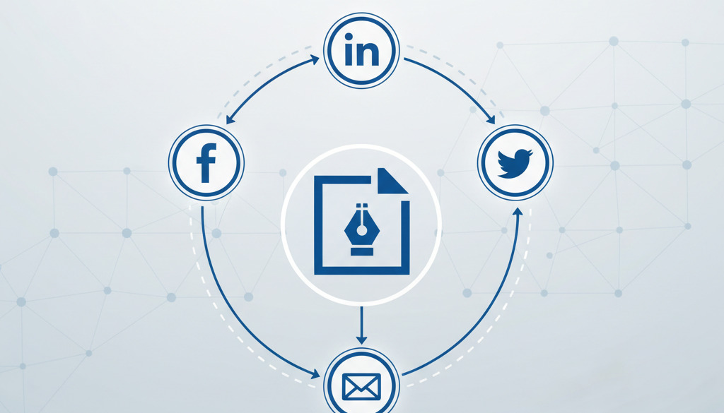 Infographic shows AI automating blog post distribution to social media and email.