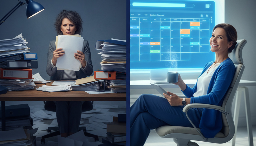 Frustrated owner contrasts with relaxed owner enjoying automated content calendar.