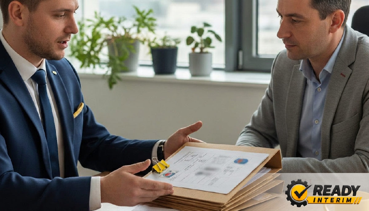 Conseiller RH présentant des dossiers de maçons roumains à un chef d'entreprise.