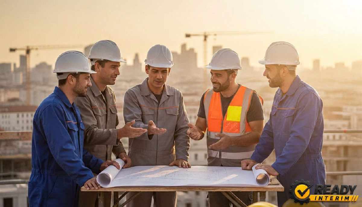 Maçons roumains et français discutant d'un plan de construction à Marseille.