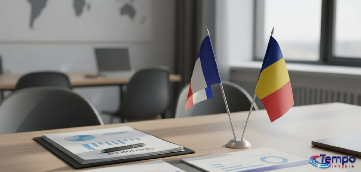 Bureau avec drapeaux français et roumains, symbolisant le partenariat.