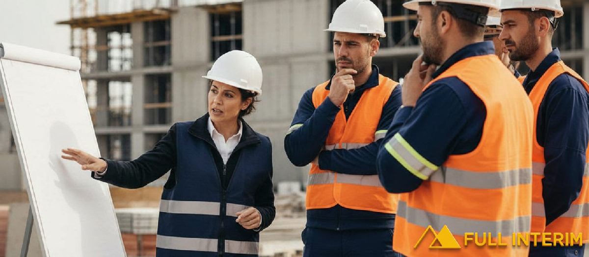 tests linguistiques intérimaires France – Un manager explique les consignes de sécurité à des ouvriers sur un chantier.