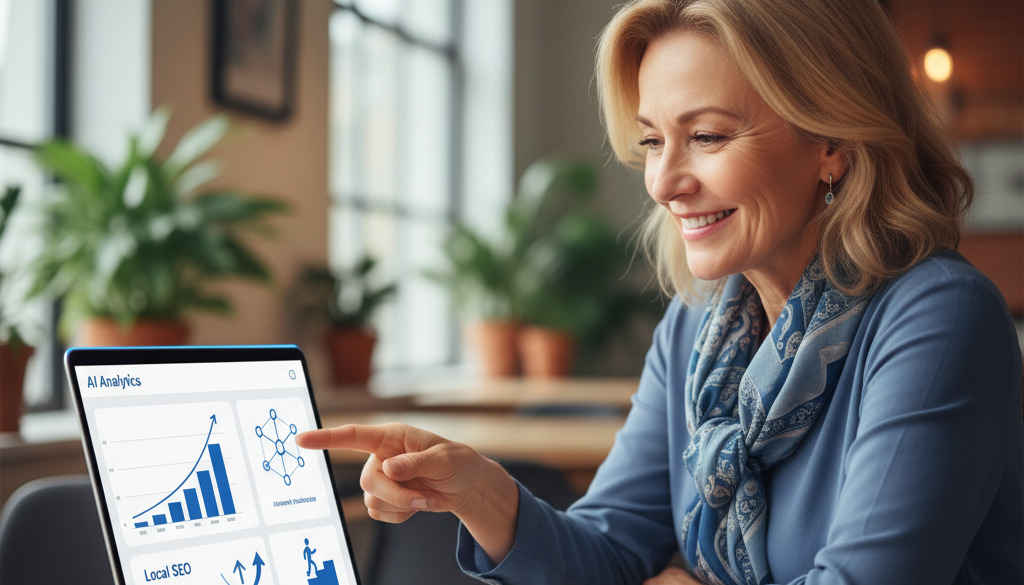 Small business owner reviews AI local SEO analytics dashboard on laptop.