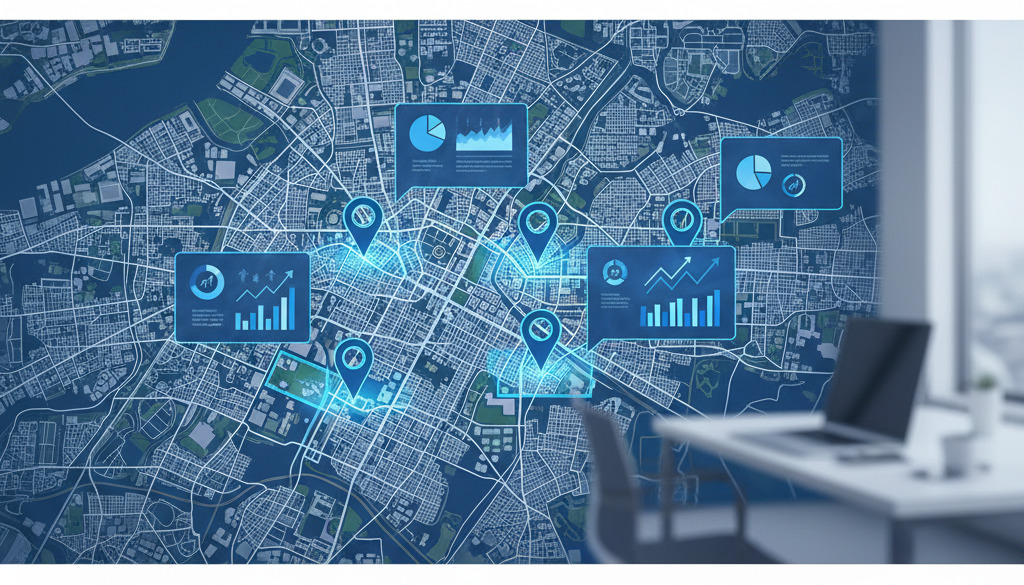 Hyper-local map interface with demographic data and search trends.