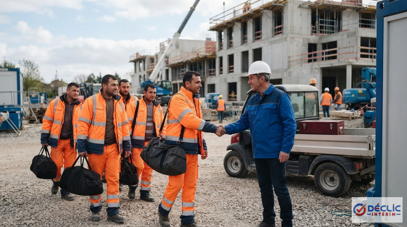 Des travailleurs roumains en gilets haute visibilité accueillis sur un chantier français.