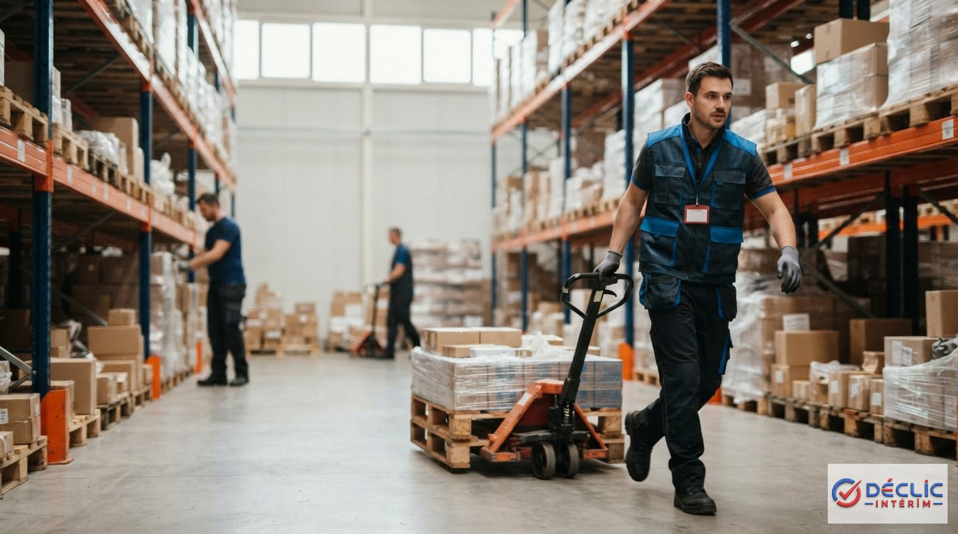 Un entrepôt logistique illustrant la rapidité et l'efficacité du travail temporaire.