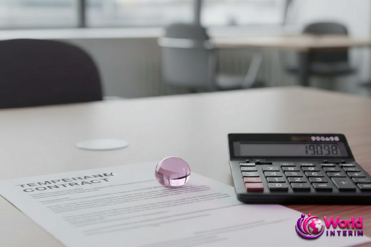 Bureau avec contrat de travail temporaire et calculatrice pour indemnités congés.