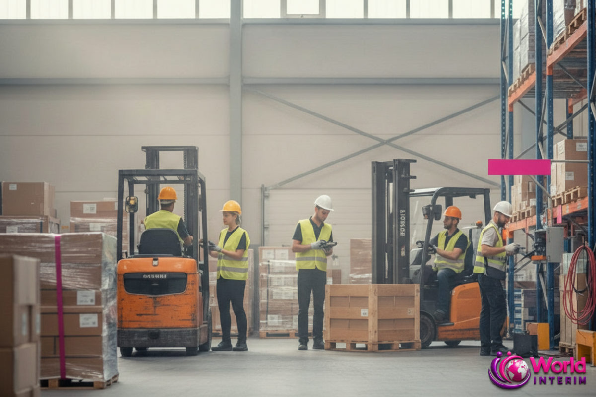 Entrepôt logistique animé avec ouvriers qualifiés en action.