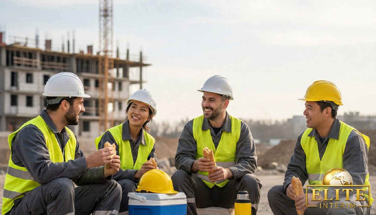 Pause déjeuner : ouvriers polonais et français ensemble sur le chantier.