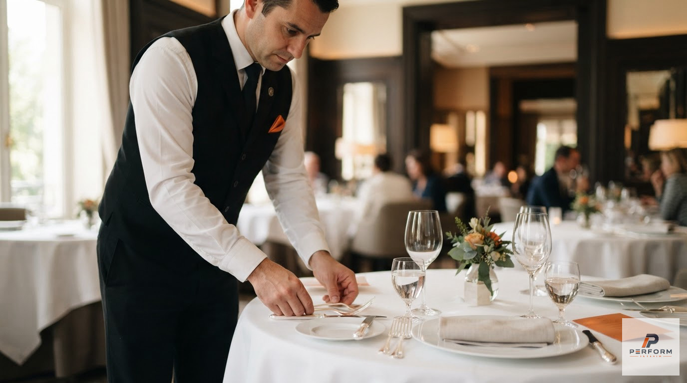Un serveur dispose soigneusement les couverts sur une table de restaurant gastronomique.