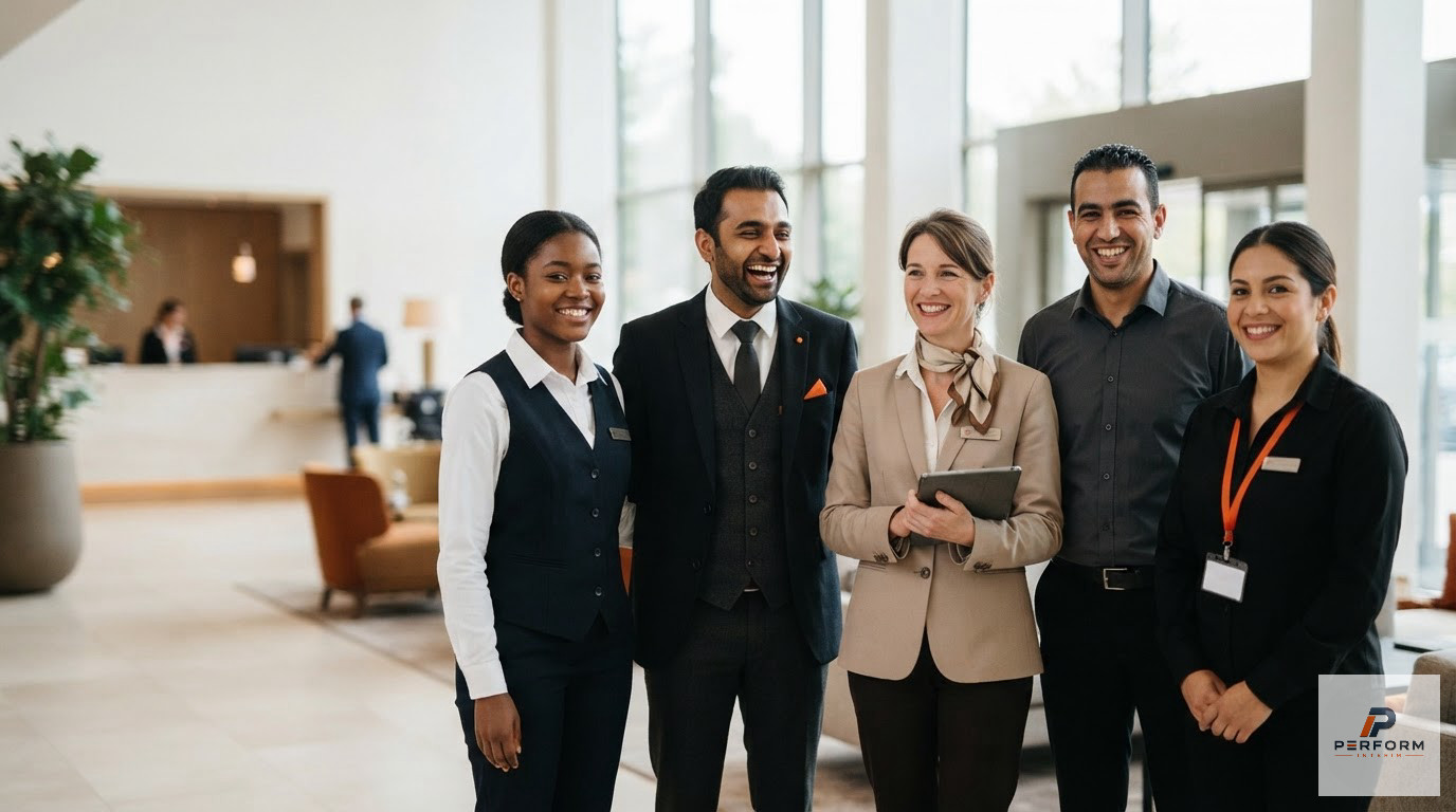Un groupe diversifié d'employés d'hôtel souriant ensemble dans un hall.