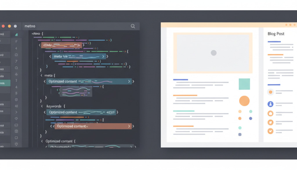 Split screen: HTML code with meta tags and a readable blog post.