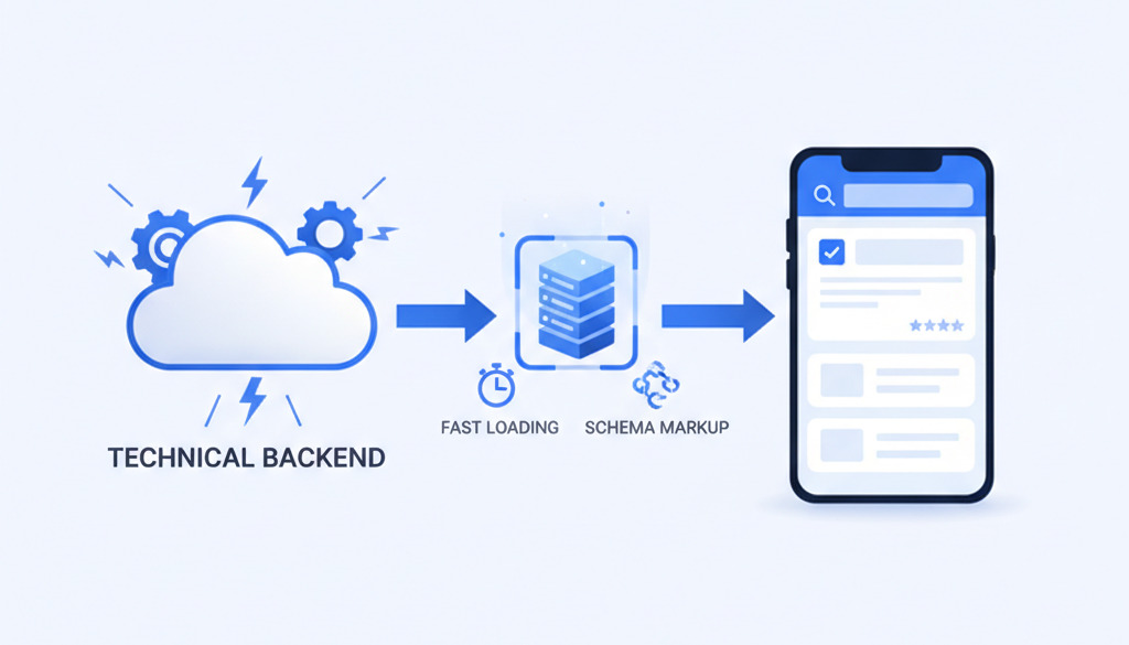 Technical SEO backend connecting to mobile search results with schema markup.