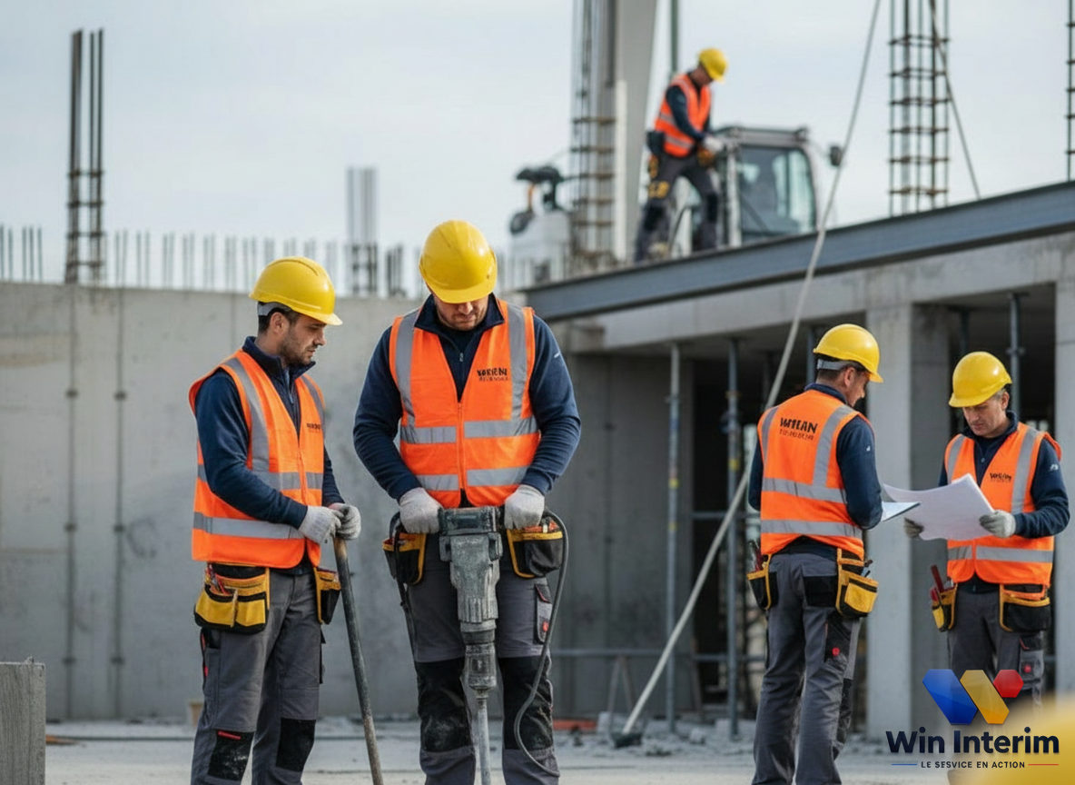 Ouvriers qualifiés travaillant sur un chantier de BTP en France.