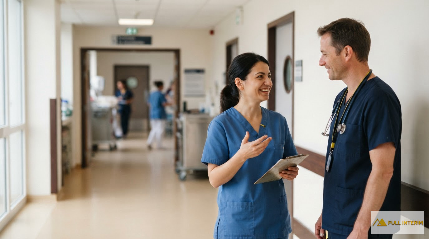 Deux soignants souriants discutent dans le couloir d'une clinique française.