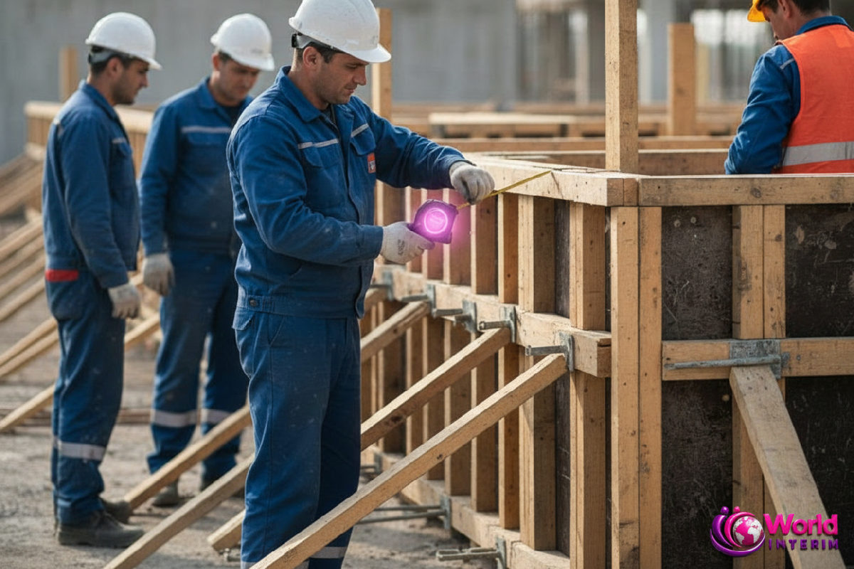 Maçons roumains réalisant un coffrage complexe sur un chantier moderne.