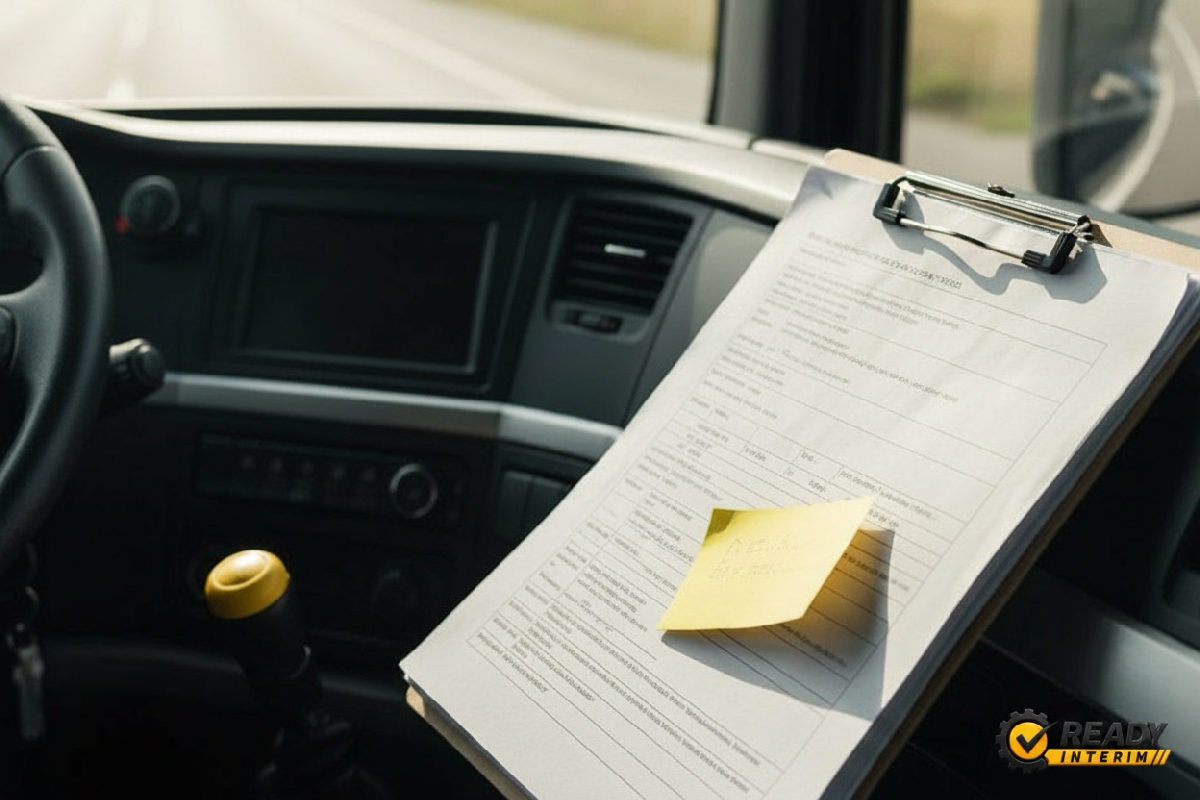 Tableau de bord de camion avec documents de transport.