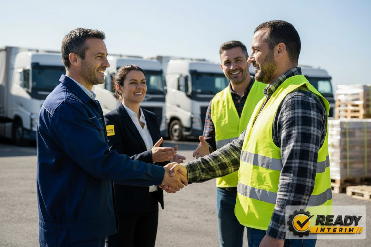 Équipe logistique française accueillant un nouveau chauffeur roumain.