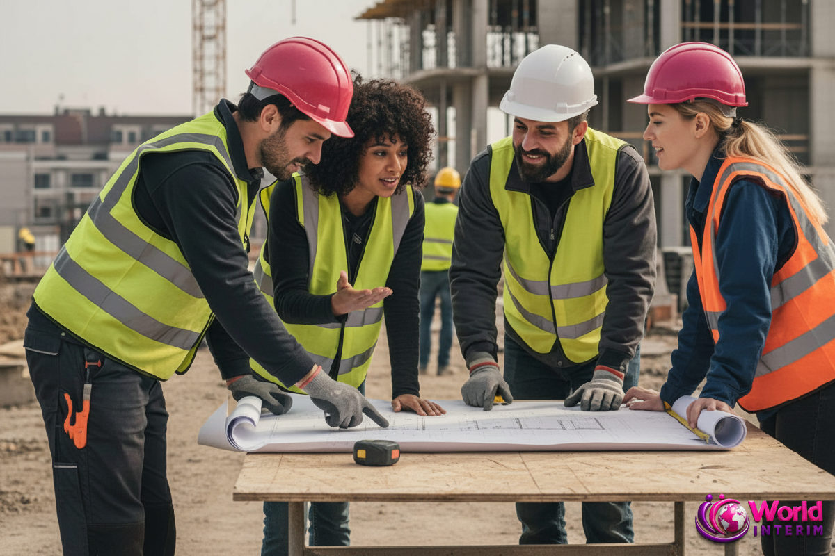 Ouvriers français et roumains collaborant sur un chantier.