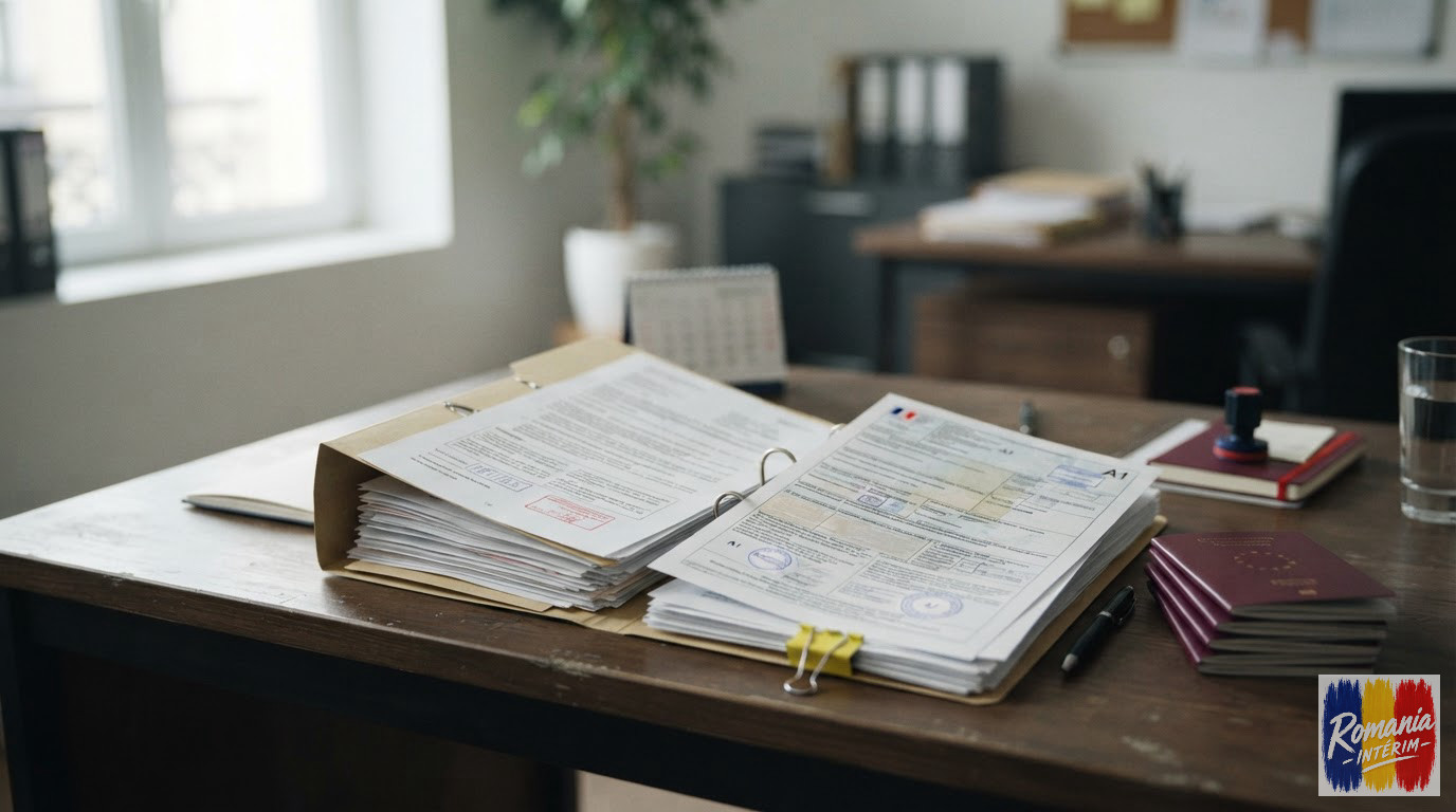 Dossiers administratifs et documents officiels sur un bureau de ressources humaines.