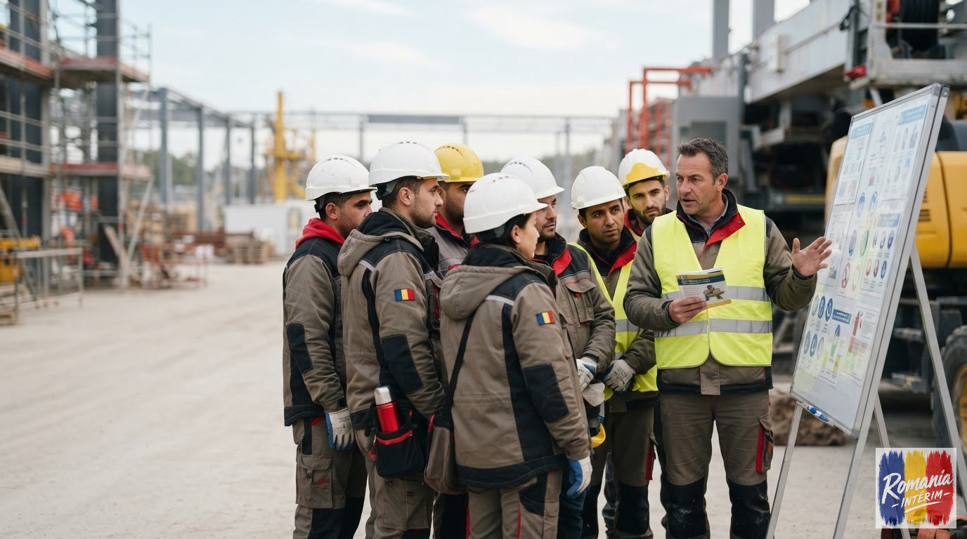Ouvriers roumains et français lors d'un briefing de sécurité industriel.