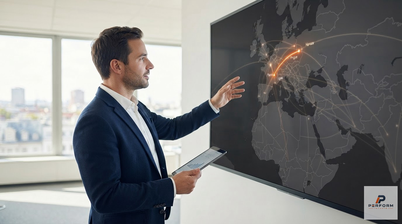 Un réseau mondial illustrant les connexions de recrutement entre la France et l'Europe.