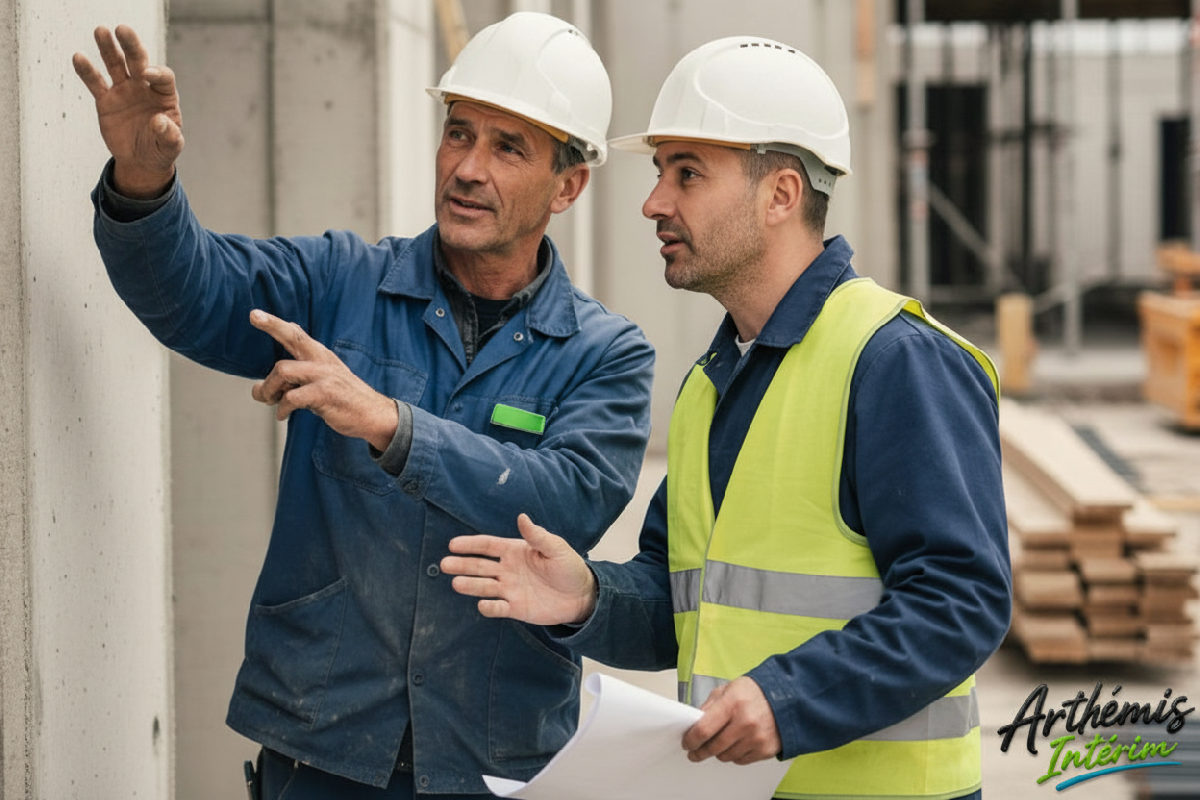 Ouvriers communiquant sur un chantier malgré la barrière de la langue.