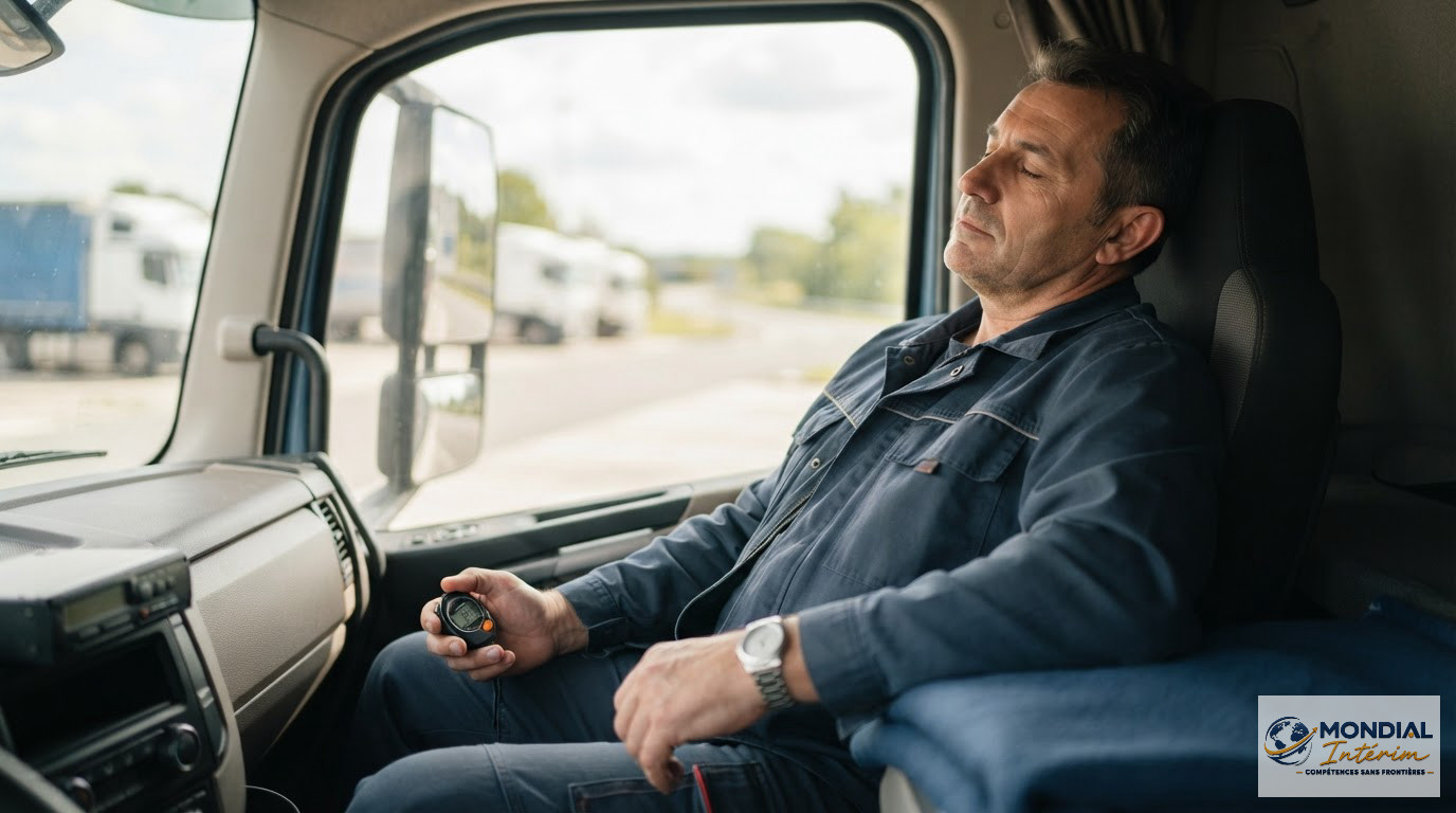 Infographie illustrant le fractionnement d'une pause de 45 minutes pour chauffeur.