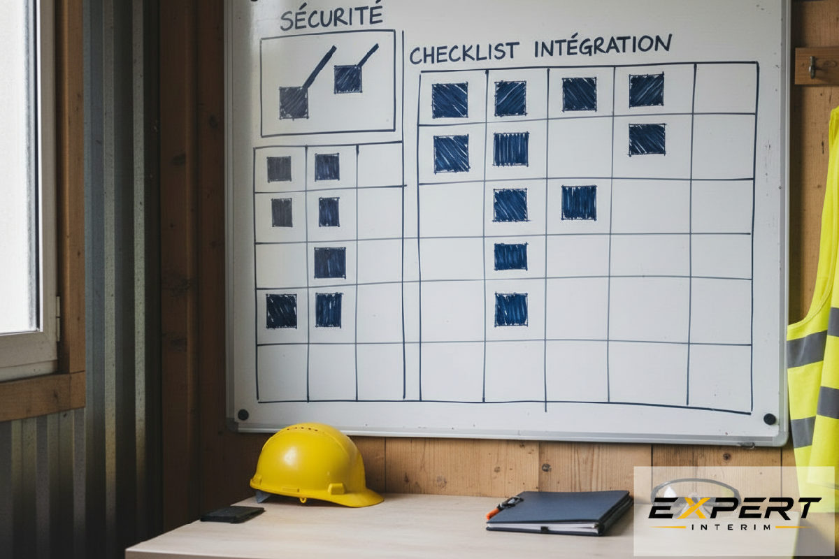 Tableau blanc dans une baraque de chantier avec une checklist d'intégration.