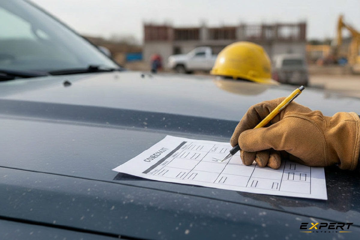 Main cochant les cases d'une checklist d'intégration sur un capot de camionnette.