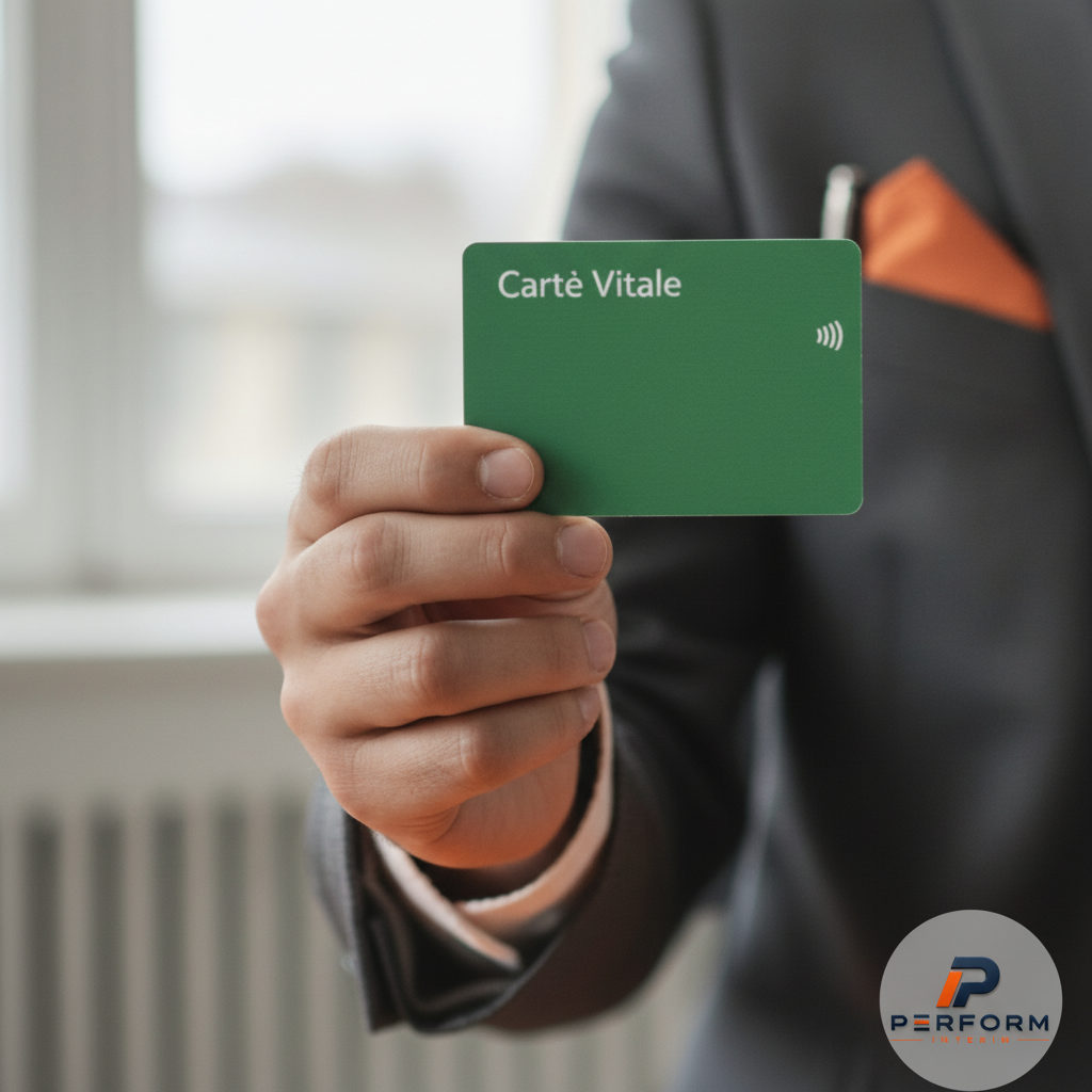 Carte Vitale d'un travailleur en tenue professionnelle.