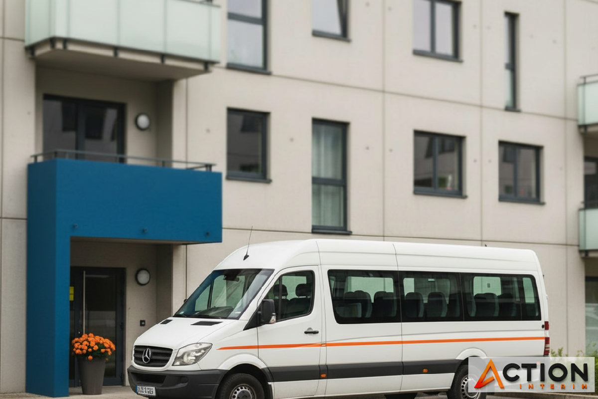 Minibus d'entreprise devant une résidence pour travailleurs.