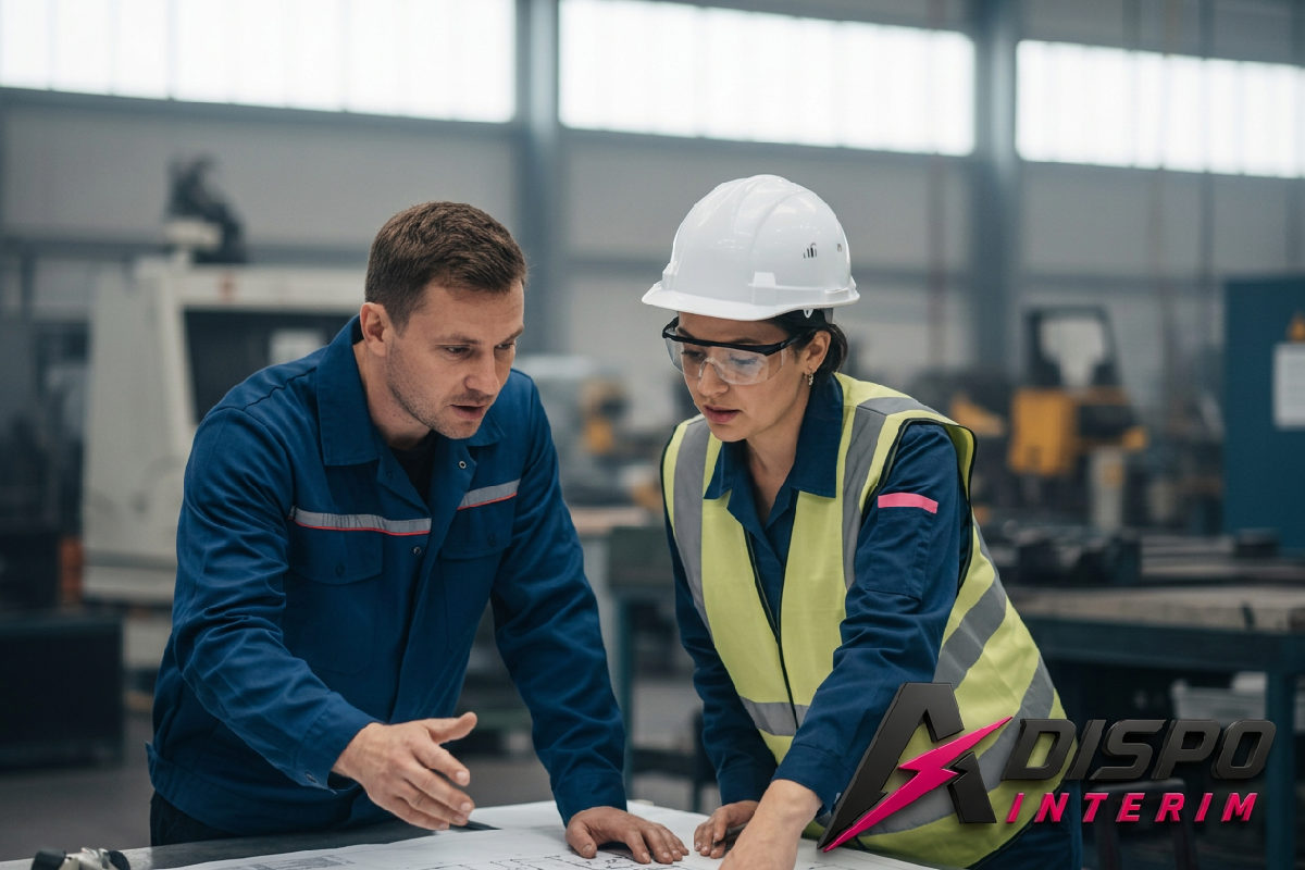 Professionnels français et roumains discutant d'un plan technique en usine.