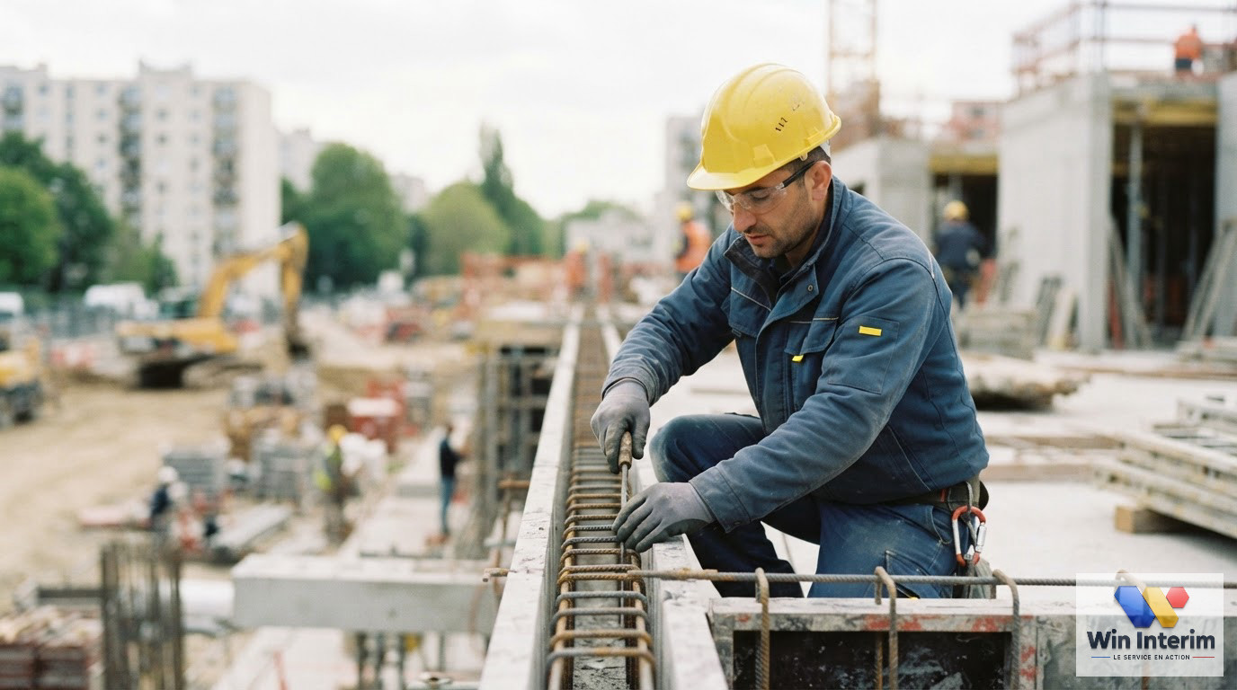 Un ouvrier du bâtiment sur un chantier en Île-de-France avec son casque.