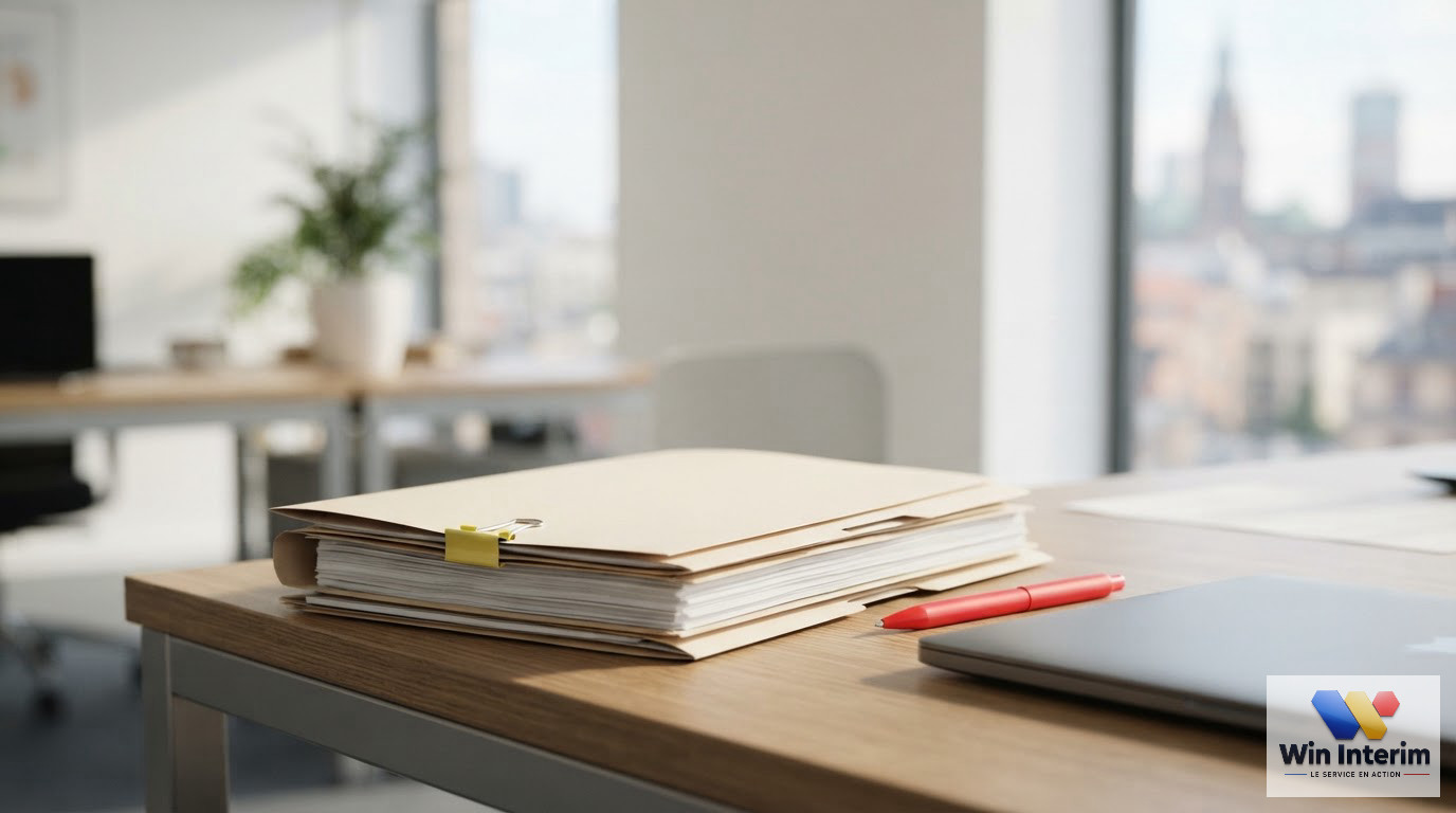 Un bureau moderne avec des dossiers administratifs pour la conformité juridique.