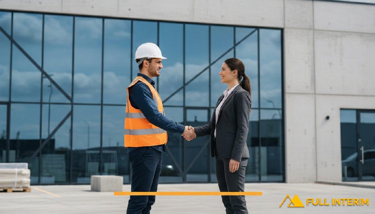 Partenariat entre chef de chantier et recruteur devant un bâtiment.