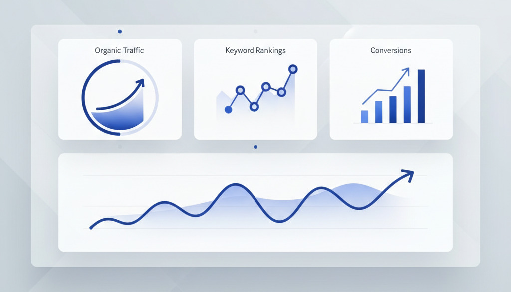 Mockup di una dashboard di metriche del blog che mostra traffico organico e posizionamento nelle parole chiave.