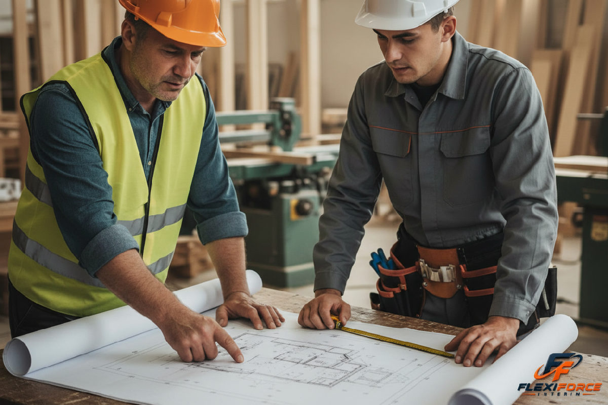 Contremaître et menuisier discutant d'un plan technique sur un chantier.