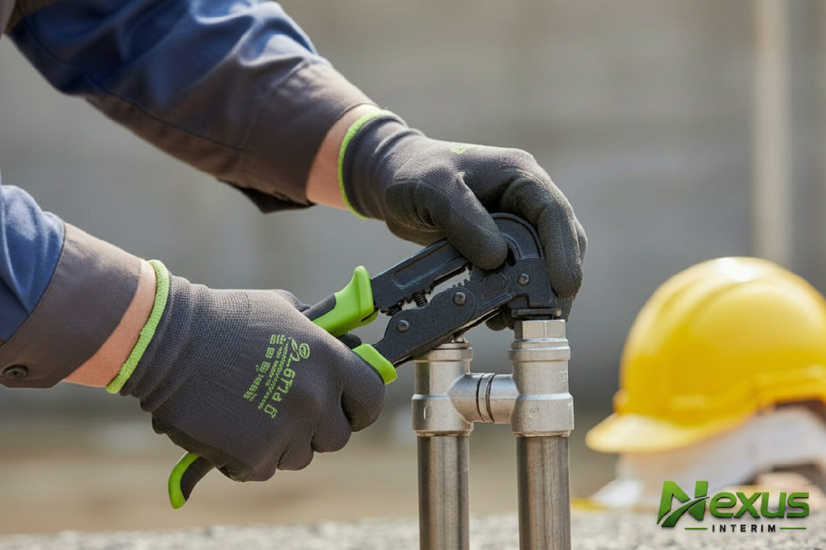 Mains expertes réalisant une tâche technique sur un chantier.