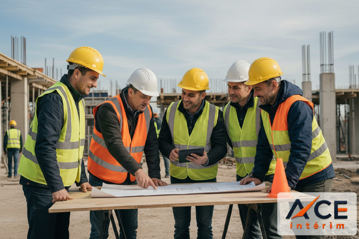 Réunion de sécurité matinale sur un chantier avec ouvriers roumains et français.